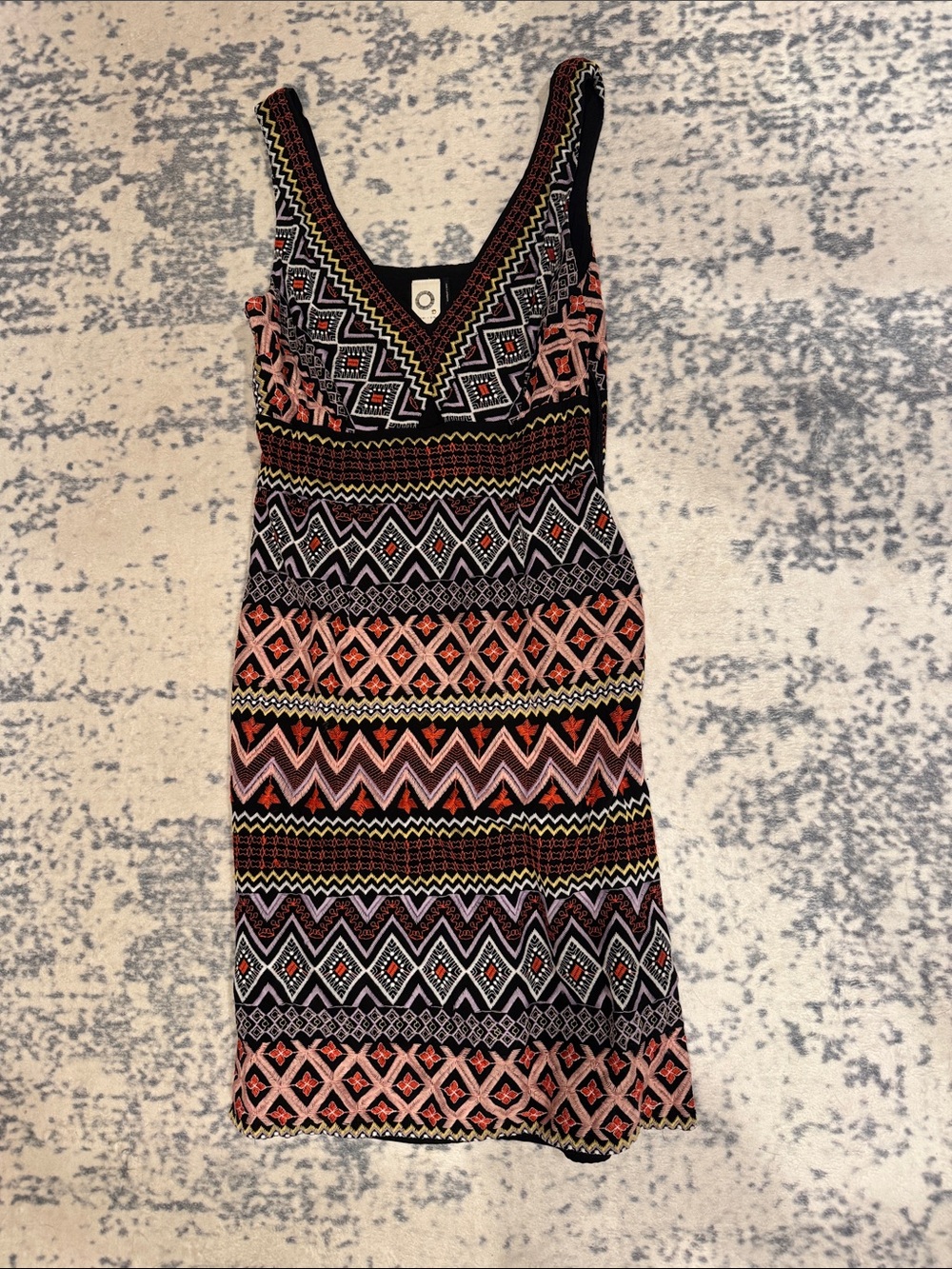 Anthropology Sleeveless Tribal Print V-Neck Dress in Black and Coral
